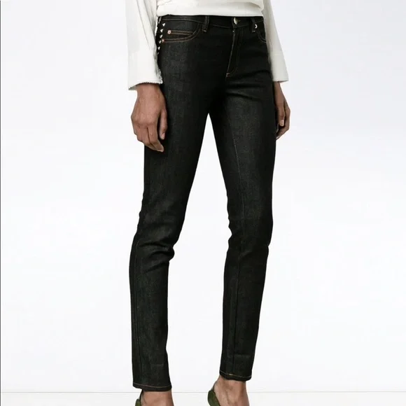 VALENTINO Gold Pyramid Rockstud Trim Straight Leg Dark Denim Jeans